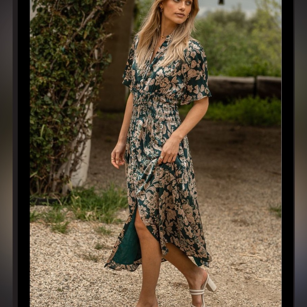 Bohme White Midi Dress with Puff Sleeves and Notched Collar
